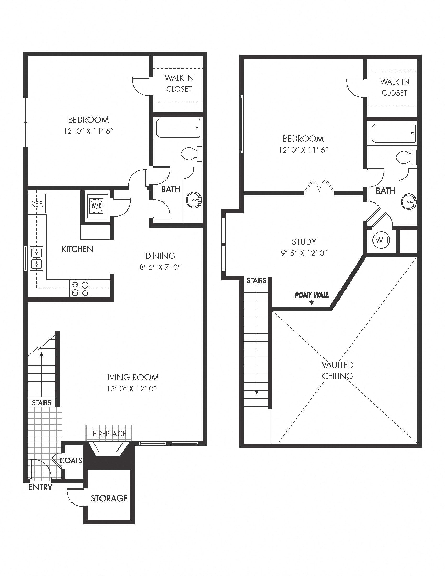 Floor plan for 2 beds, 2 baths, 992 sqft
